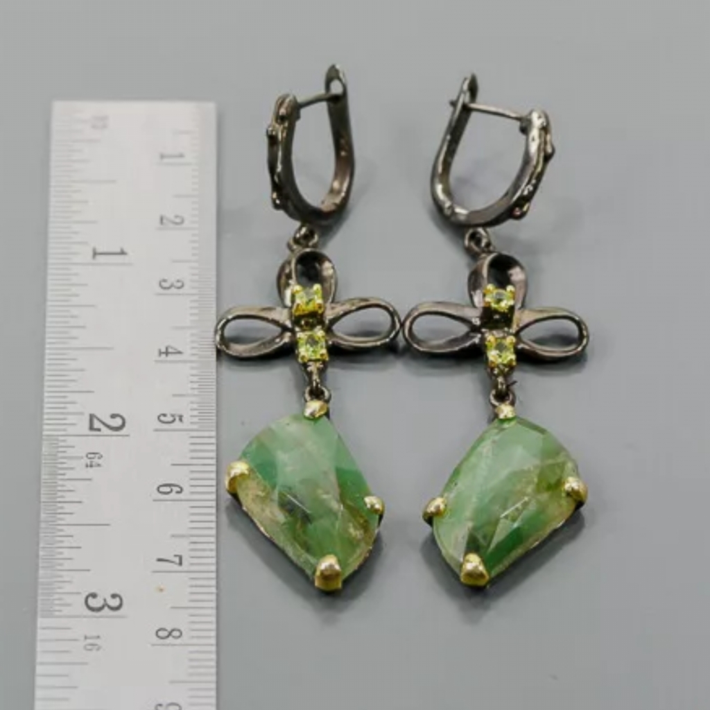 Large Chrysoprase & Peridot Sterling Rhodium Bow Chandelier Earrings